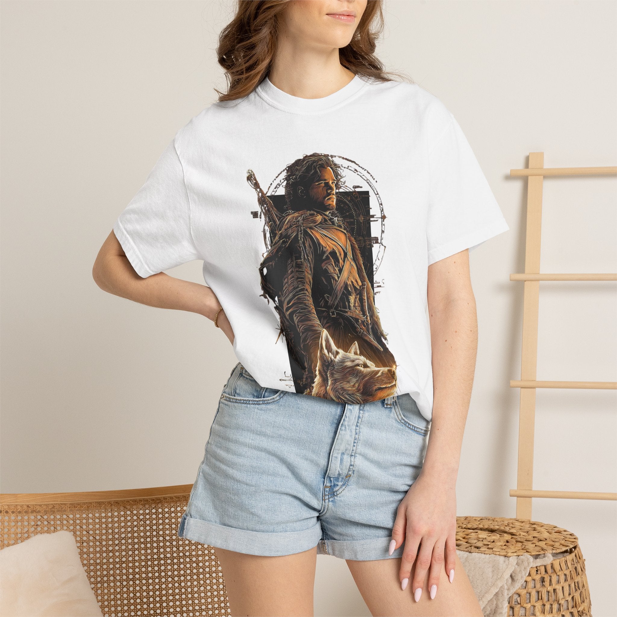 King in the North Graphic T‑Shirt — Jon Snow with Wolf Illustration